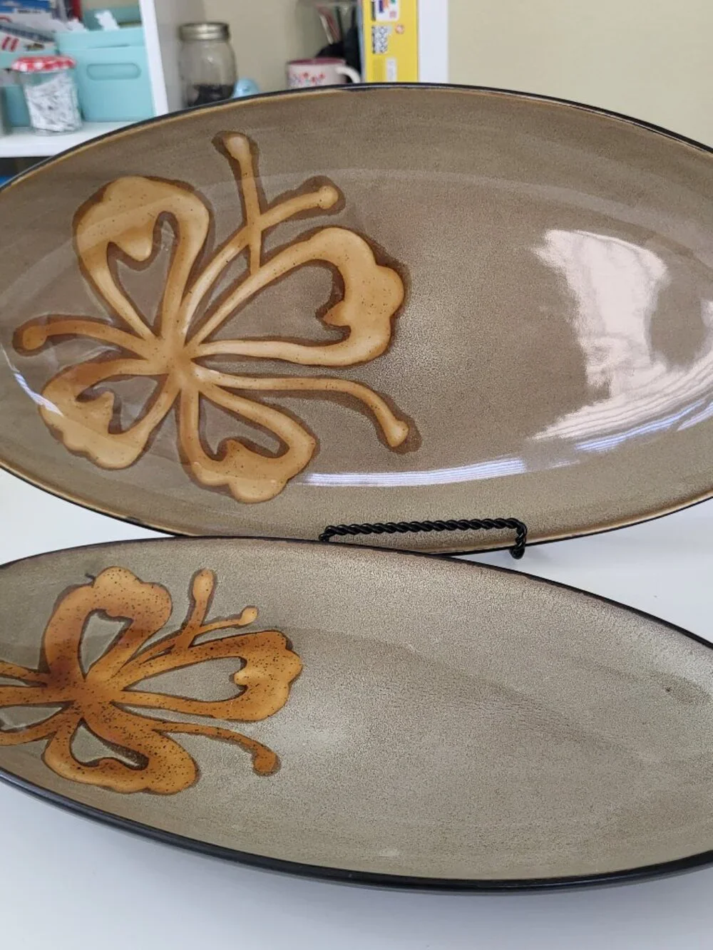 Pier 1 Imports Kioko Oval Serving Platter Set of 2 Hand Painted Stoneware Nested